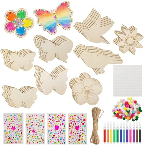 257 Stück Bastelset Kinder Holz, Holz Bastelsets zum Bemalen Holzanhänger zum Bemalen Basteln Kindergeburtstag DIY Malset Kinder Frühling Ostern Geschenkidee für Mädchen Jungen 4 5 6 7 8 910 Jahre
