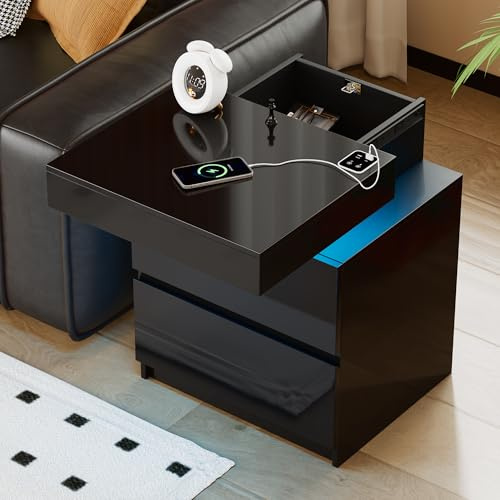 Vlsrka LED Nachttisch mit Geheimfach und Ladefunktion,Bewegungssensor Licht | Moderner Nachttische mit USB-C-Laden, 3 LED-Lichtfarben, 2 Schubladen, Abschließbar, Magnetschlüssel, Wohnzimmer Schlafzimmer