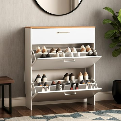 LEADZM Schuhschrank Schmal,Schuhkipper 80 x 24 x 94 cm Weiß | mit 2 Flip-Schubladen Schuhregal mit 1 Schubladen für den Eingang, Flur, Wohnzimmer