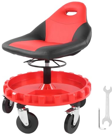 Zisemeil Mechanic Stool, Adjustable from 21 to 26 Inches, Heavy Duty Iron, 300 lbs Capacity, Large Tool Tray, 5 Wheels, Workshop Stool for Garage