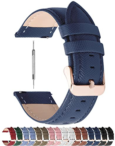 Fullmosa-klockarmband, Cross läderarmband, ersättningsband kompatibelt med Garmin/Samsung/Huawei/Fossil, 18 mm mörkblå + roséguld spänne