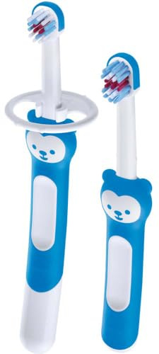 MAM Babybürste | 2er Pack | Zahnbürste mit Sicherheitsschild | 6+ Monate | Zum Unterrichten der Zahnhygiene für Babys | Extra weiche Borsten | ergonomisch und rutschfest | Blau