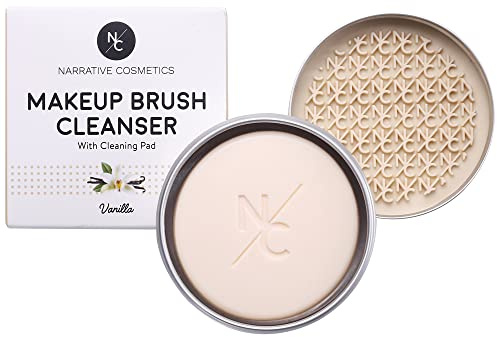 Narrative Cosmetics Makeup Brush Cleaner Soap with Silicone Scrubber Pad | Solid Cleanser for Brushes & Beauty Blenders | Vegan, Cruelty-Free, Avocado Jojoba Argan Oil, Vanilla Scent, 2.45 Oz
