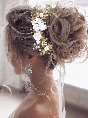 Vakkery Blumen-Haarreben für Braut- und Hochzeitsfrisuren, perlenbesetzter Haarschmuck, Braut-Haarreif, Kopfschmuck für Damen und Mädchen (Gold)