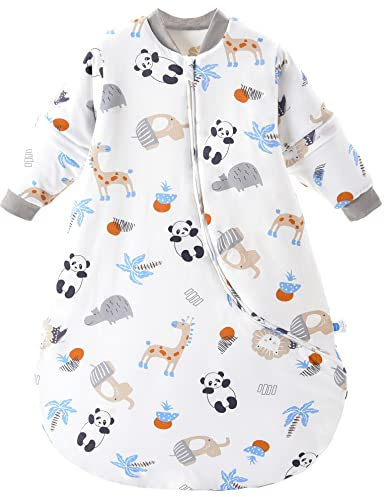 Chilsuessy babysovsäck för vintern med avtagbara ärmar, vadderad babysovsäck för små barn för användning året runt, sovsäck/pyjamas för pojkar och flickor, extra mjuk, panda skog/2,5 Tog, 90–110 cm