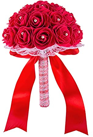 Blumenstrauß Romantische Hochzeit Künstliche Hochzeitsstrauß Koreanischen Stil künstlicher Rosenstrauß Bouquet Deko Brautjungfer Blumenstrauß Brautstrauß mit Strass für Hochzeit,Fotoshooting,Rot