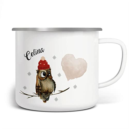 miKalino Emaille Tasse Eule im Winter auf einem Ast sitzend mit Herz personalisiert mit Namen | handbedruckt in Deutschland, Farbe:weisssilber, Grösse:300ml