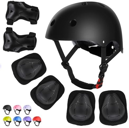 WayEee Kids Bike Helmet Set Skateboard Knee Pads, Helmet Pad Set Protective Gear Set, Adjustable for Girls Kids 3-10 Helmet Elbow Pads Wrist Guards for Sport Cycling Bike Roller Skating Scooter-Black