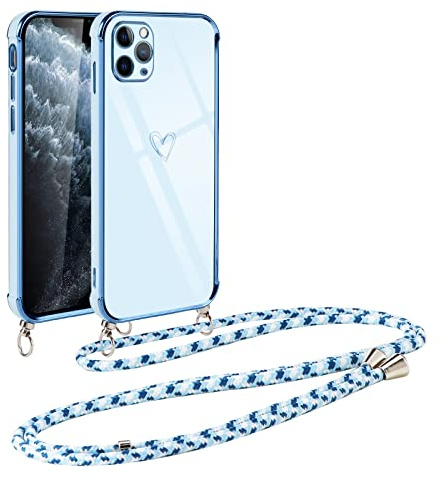 Vauki handyband für iPhone 11 Pro Max Hülle mit Band, Handyhülle mit Kette, Herz Motiv, Ultra Dünn Stoßfeste Aesthetic Case mit Kordel zum Umhängen für iPhone 11 Pro Max 6.5 Zoll, Blau