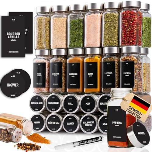 Deco haus® Gewürzgläser Eckig mit Gewürzetiketten Gewürzgläser mit Streueinsatz 36er Set - Gewürzdosen Set Gewürzbehälter Gewürzaufbewahrung - Spice jars Gewurzglaeser Gewürzstreuer Glas