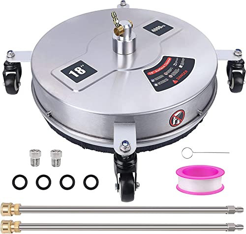 15 Pressure Washer Surface Cleaner with 4 Wheels, Stainless Steel Housing & 1/4 Quick Connector, Power Washer Attachment with 2 Extension Wands, 2 Replacement Nozzles, 4000 PSI (15inch)