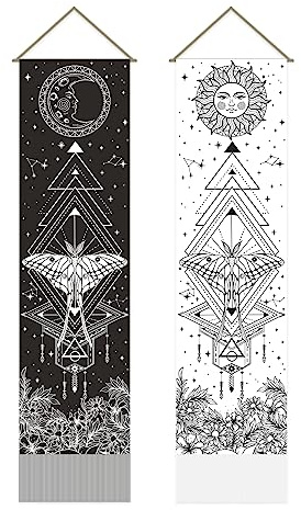 AHANDMAKER Wandteppich, Sonne und Mond, Schwarze und weiße Insekten, Psychedelischer Wandteppich, Wandbehang, mystische gotische Wanddekoration für Wohnzimmer und Schlafzimmer (130 x 33 cm), 2 Stück.