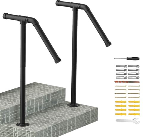 Corrimano per scale da esterno per gradini esterni, robusto corrimano in ferro battuto a palo singolo, set di 2, nero elegante ringhiera per portico per gradini in cemento o scale in legno, adatto a 1