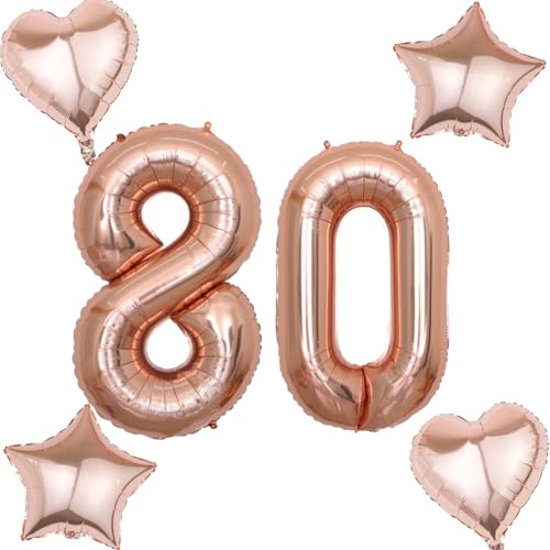 Palloncini in oro rosa numero 80+4 pezzi palloncino in mylar con cuore/stella numero 80. Compleanno donna ragazza, 80 Palloncino gigante numero 80. Decorazione per compleanno donna, palloncino con