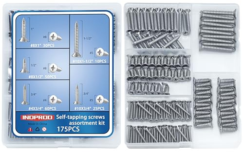 INDPRDO 175Pcs Stainless Steel Wood Screws Assortment Kit, #4#8#10 Phillips Flat Head Sheet Metal Screws Set, Self Tapping Screws for Metal, Small Screws,5 Sizes(3/4, 1/2, 1, 3/4, 1-1/2)
