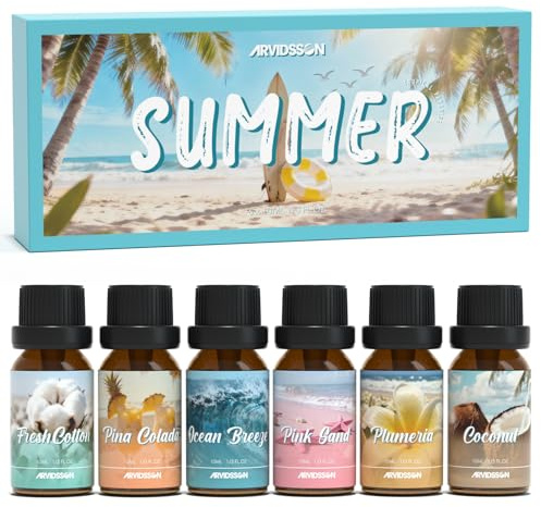 ARVIDSSON Summer Essential Oils Set, Tropical Fragrance Oil for Diffuser, Soap and Candle Making - Ocean Breeze, Pina Colada, Fresh Cotton, Pink Sand, Plumeria, Coconut, Scented Oil for Home