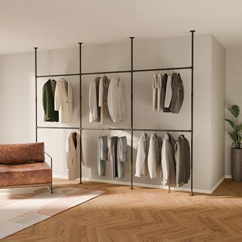 pamo Teleskop Kleiderstange 202 x 220-300 cm | Höhenverstellbarer Raumteiler Offener Kleiderschrank robuster Kleiderständer - Ohne Bohren, stabiler Stand