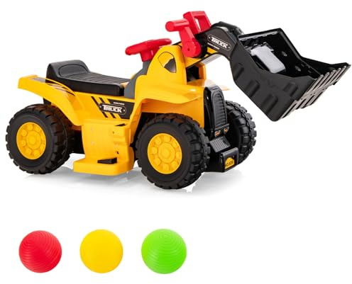 GOPLUS Sitzbagger Kinder, Kinderbagger mit Schaufel, Hupe, Soundeffekten, klappbarem Basketballkorb & 3 Bällen, Bagger Sandbagger elektrisch mit verstecktem Stauraum für Kinder ab 2 Jahren, Gelb