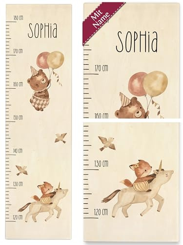 Messlatte Kind Holz - Tiere - Boho Bär Einhorn und Fuchs Babymesslatte Kinder Jungen Mädchen - 120-180 cm - Holz - 160 tier baby meßlatte größe eichhörnchen waldtiere metermaß aus messbrett