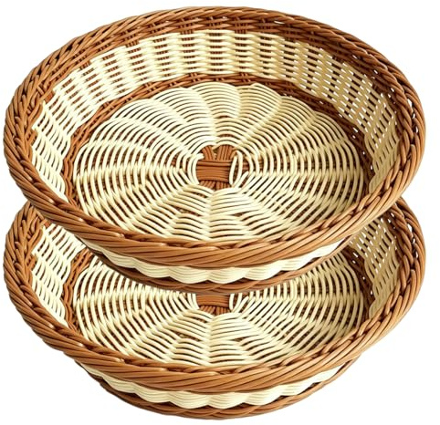 RT&BS 2 Piezas Cesta de Mimbre para Pan Redonda, Cesta de Mimbre para Fruta, Cestas para Huevos Tejida a Mano, Cestas Reutilizables para Guardar Huevos, Pan, Fruta, Verdura, Aperitivos (Bicolor, M)
