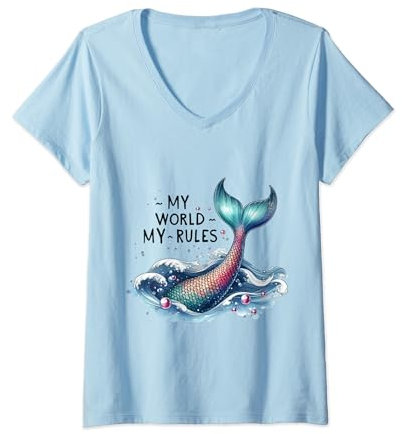 Damen Meerjungfrau Ocean Splash Regenbogen Schwanz Meer Meerjungfrauen Flosse T-Shirt mit V-Ausschnitt