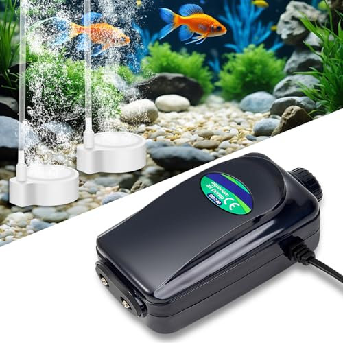 Zingbabu Leise Luftpumpe für Aquarium, 8W Doppelauslass mit Luftstein, Luftschlauch und Rückschlagventil, Einstellbare Sauerstoffpumpe