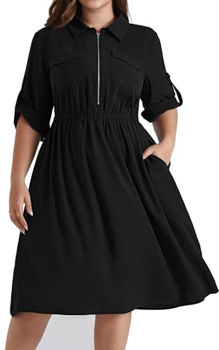 Hanna Nikole Women's Plus Size V-Neck Lapel A-Line Casual Dress Adjustable 3/4 Sleeve Dresses Elastic Waist Knee-Length Dresses with Pockets