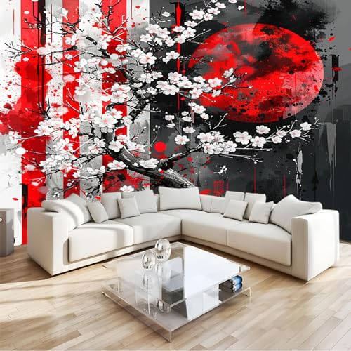 Carta da parati Fotomurale 300x210cm, Fiori di Ciliegio Graffiti In Stile Giapponese Moda Decorazione da Muro, Multicolore Decorazione Soggiorno Camera De Letto Sala Fotomurali In Tessuto Non Tessuto