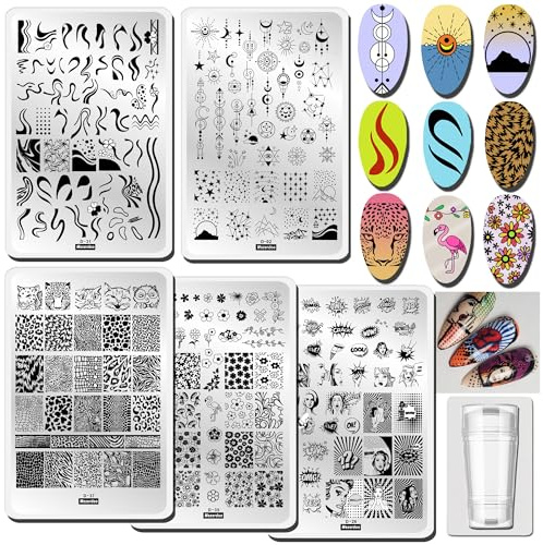French Nails Stempel Nagelschablonen Set,Stern Mond Nagelstempel Schablonen | Blumen, 5 stempelplatten nageldesign Mit Nail Stamp FüR NäGel, Silikon Nagel Stempel Doppelend,1 Schaber, zu Hause, Salon,DIY
