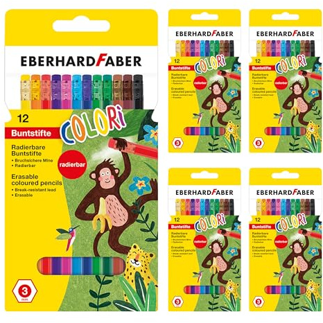 EBERHARD FABER 599030 - Buntstifte Set 5 x 12 Farbstifte, hexagonal Form, bruchsicher, radierbar, Malstifte für Kinder