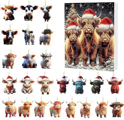 Highland Cow 2024 | 24 Days Of Christmas Highland Cow Acryl Anhänger | Highland Cattle Christmas | Cute Highland Cow Christmas Ornaments