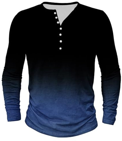 Ybing Black Friday Langarmshirt Herren Farbverlauf Pullover Casual Pulli Knöpfe O-Ausschnitt Oberteile Locker Sportshirt Leichte Langarm Tshirt Große Größen Fitnessshirt Basic Top Baumwolle