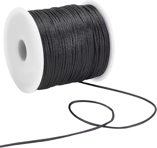 Cordoncino in nylon satinato nero, 1,5 mm x 45,4 m, di ricambio, per collane, bracciali, gioielli, macramè, cordoncino cerato, multiuso, in seta per cordini, accessori per perline intrecciate