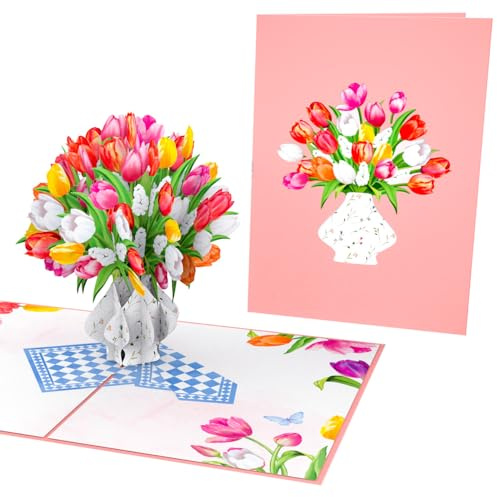 PopLife Colorful Tulip Bouquet 3D Pop Up Card - Handmade Greeting Card for Mother's Day, Anniversary, Valentines, Birthday, Easter - Gift for Mom, Wife, Grandma, Sis, Daughter, Aunt, Mother-In-Law
