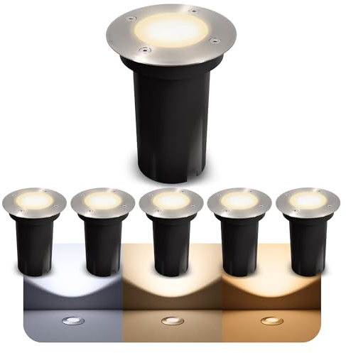 SSC-LUXon KALPA Bodeneinbaustrahler 6er Set silber GU10 3W 3 Lichtfarben | Sechs befahrbare Erdstrahler bis 2000kg - warm / neutral / kalt, reihenschaltbar für Wege & Terrasse, IP67, inkl. GU10 LED