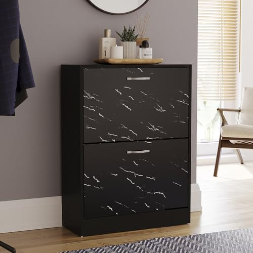 Vida Designs 2 Drawer Shoe Cabinet Cupboard Shoe Storage Organiser (Black Marble)