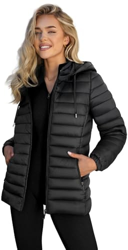 OZONEE Damen Übergangsjacke Regenjacke Jacke Übergang Jacken Herbst Bomberjacke Stehkragen Kapuze Steppjacke Kapuzenjacke Leichte Outdoor Puffer Jacket Gepolstert 777/1175K/392 SCHWARZ M