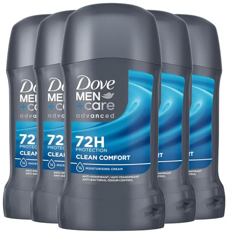 Dove Men+Care Advanced Clean Comfort Anti-Perspirant Stick Men's Deodorant with Triple Action Technology for 72 hour sweat protection and anti-bacterial odour control 50 ml Pack of 5