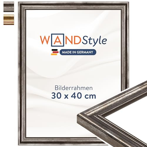 WANDStyle silberner Bilderrahmen 30x40 Holz, Bilderrahmen Silber Vintage | Hochwertiger Holzbilderrahmen Antik, Posterrahmen zum Aufhängen, Rahmen 40x30 cm, Fotorahmen H400 Made in Germany