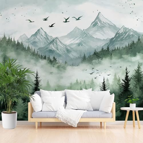 Papier Peint Panoramique Paysage de Jungle Brumeuse et de Montagnes Enneigées Poster Geant Mural, Paysage Naturel Vert Papier Peint Intissé Mural pour Salon Canapé TV Fond Décoration Murale 350x256cm