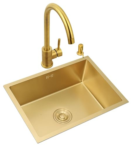 IUokLU Évier de Cuisine en Acier Inoxydable avec Robinet 45 x 45 x 21 cm Bar et Salle à Manger Siphon sous Plan Design Compact pour Appartement Lave-Vaisselle et,Or-45 * 40 * 21cm