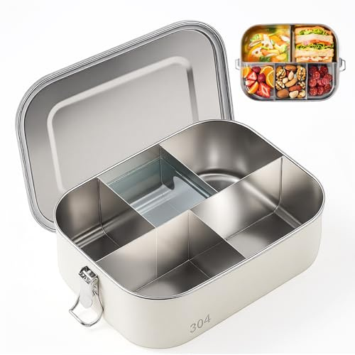 Jekasy Auslaufsichere Edelstahl Stahl-Bento-Boxen 1600ml mit 5 verschließbaren Fächern, Metall-Lunchbox für Frauen, Metall-Lunchbox zur Aufbewahrung von Lebensmitteln für Arbeit und Reisen