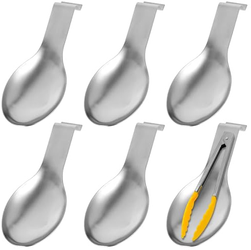 YOFAPA 6 Pcs Spoon Rest Set, Stainless Steel Spoon Holders for Stove Top, Ergonomic Spoons Spatula Ladle Holders, Metal Utensil Rests with Hooks, Easy Clean Kitchen Tools, 3.8×10