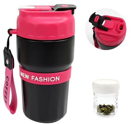 Toycol Portable Insulated Tumbler for Water and Tea, Magnetic 2-in-1 Stainless Steel Travel Mug for Ice/Hot Tea & Coffee, 16OZ/480ML Leak-Proof Water Bottle Carry Lanyard, Ideal Gift(Black)
