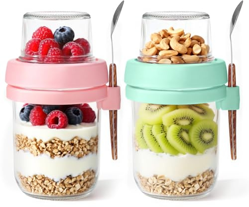 Valyrane Lot de 2 Overnight Oats Jar, 480ml+120ml Pot Yaourt en Verre avec Couvercle, Pots à Yaourt en Verre pour le travail, l'école et les voyages