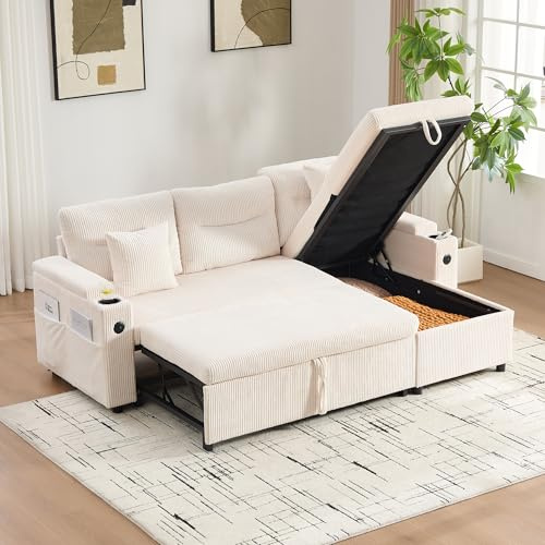 Dolamaní Modernes Sofa 3 sitzer Leinenstoff mit Stauraum und Schlaffunktion, Schlafsofa mit Bettkasten Ausziehbar L Form Couch Schlafcouch für Wohnung und Wohnzimmer (Beige)