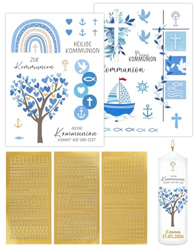 5 Blatt Kerzentattoos Kommunion – 2 Wasserschiebefolien + 2 Blatt Buchstaben Aufkleber & 1 Blatt Zahlen Sticker, Kommunionkerze Bastelset | Kommunion Deko | Erstkommunion Deko