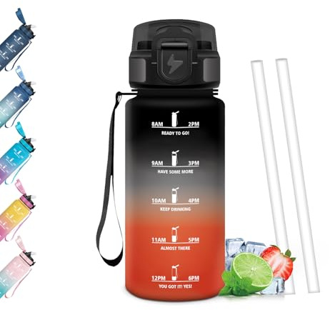 Mulbijeo Borraccia 500Ml, Senza BPA & A Prova di Perdita, Borracce con Cannuccia, Reutilizables, Borraccia Bambini, Apertura One-touch, Borracce Motivazionale per Scuola, Palestra, Ufficio, Lavorando