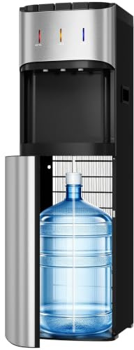 Tehanld Bottom Loading Water Cooler Dispenser for 3 or 5 Gallon Bottles, Stainless Steel Water Dispenser with Hot, Room & Cold Water, Child Safety Lock, Metallic Silver
