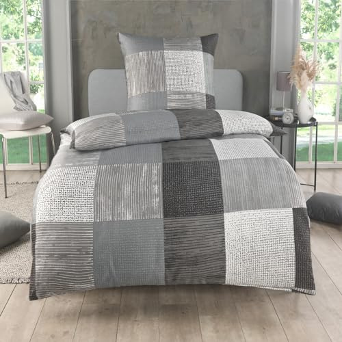 Kuscheli 2-teilige Bettwäsche 135x200 – Mikrofaser Oeko-TEX, 1 Bettbezug 135x200 & 1 Kissenbezug 80x80, Reißverschluss, weich & bügelfrei – Grau Karo